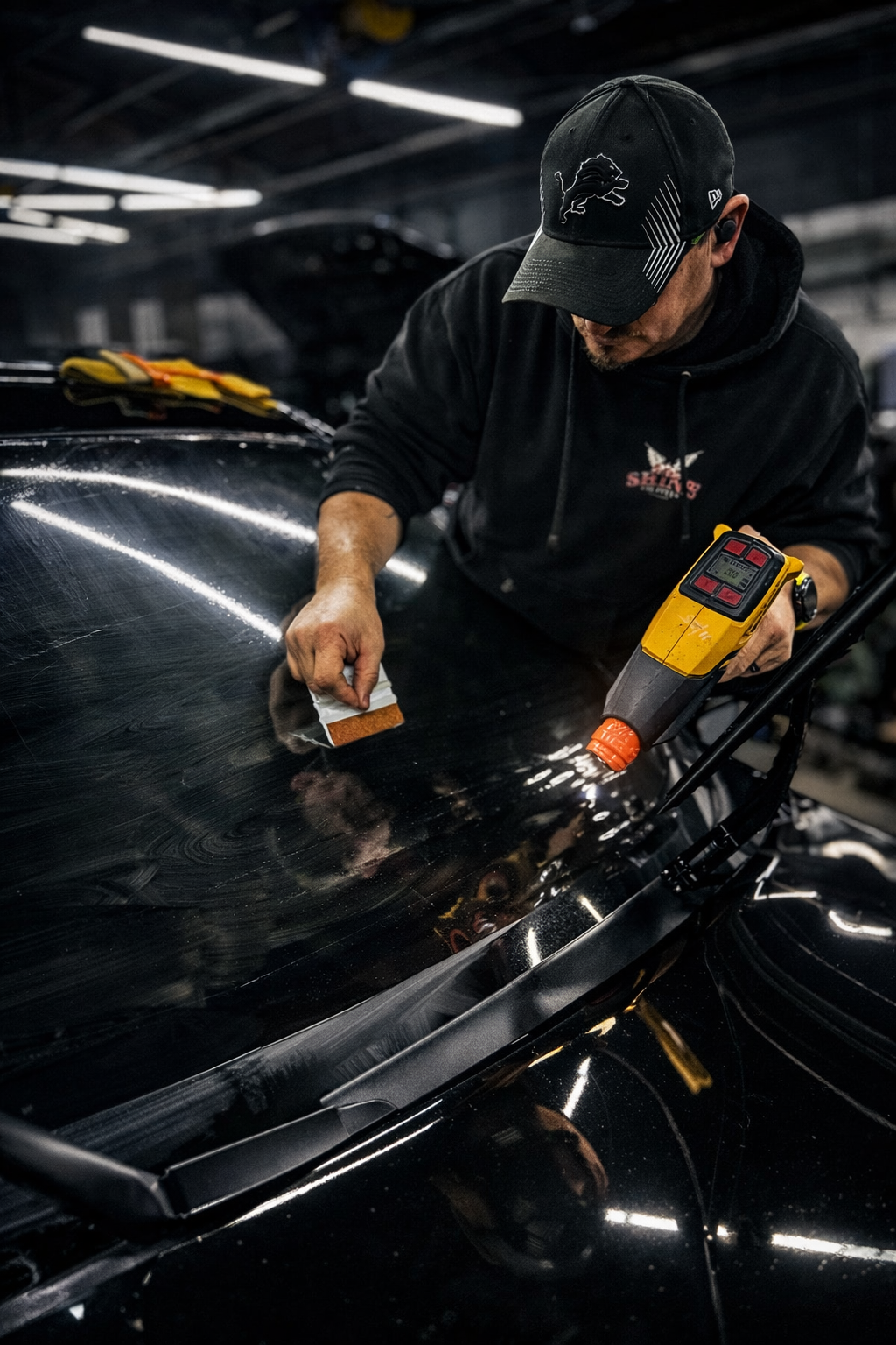 Man peeling tint from a red car window in a garage