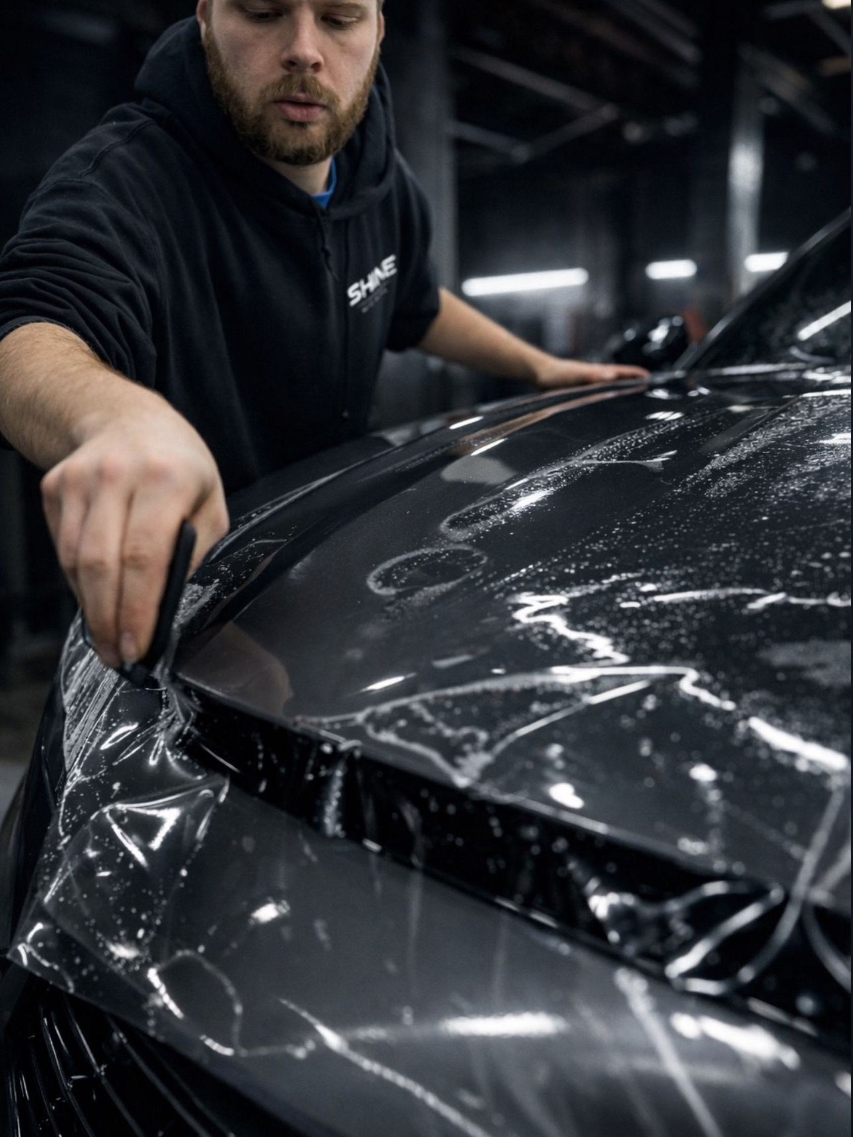 Technician applying protective film to a black car hood in a workshop