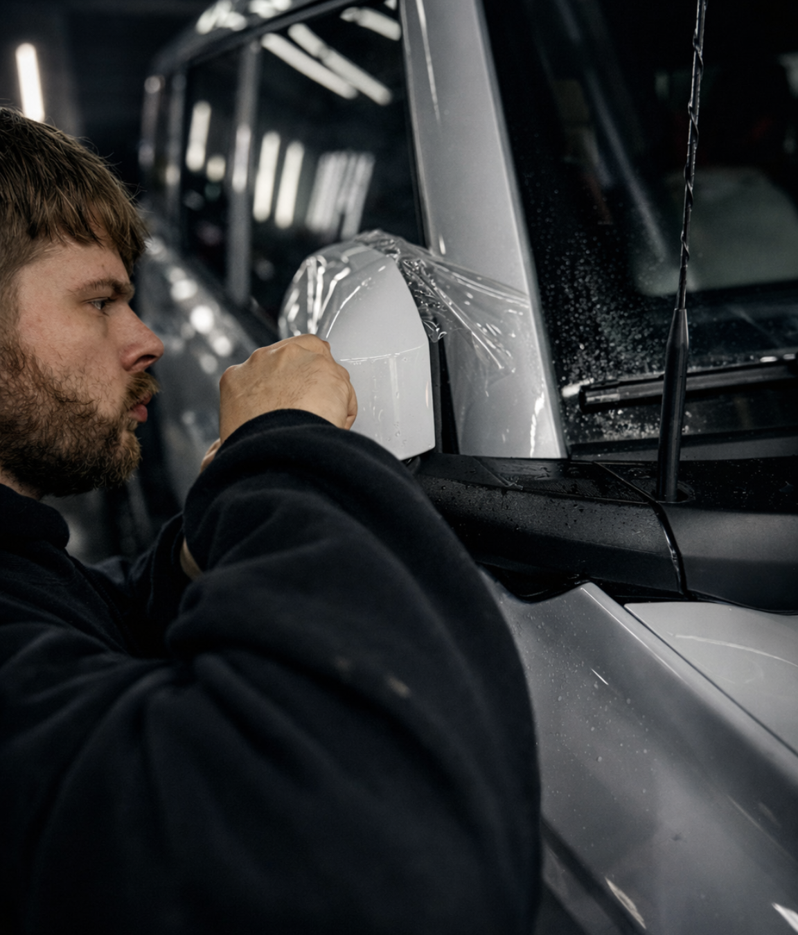 Worker applying protective film to a car window in a garage