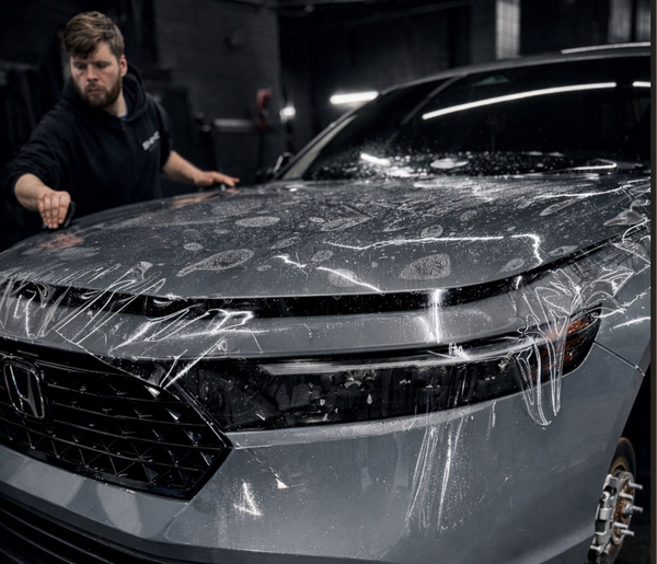 Man wrapping clear protective film over a gray SUV in a dark garage