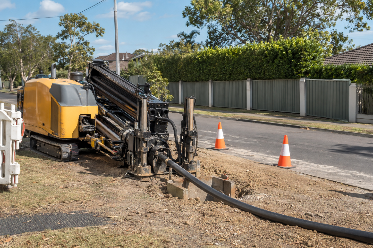 Yellow trenching machine working beside a road with orange cones and a hose laying on the ground