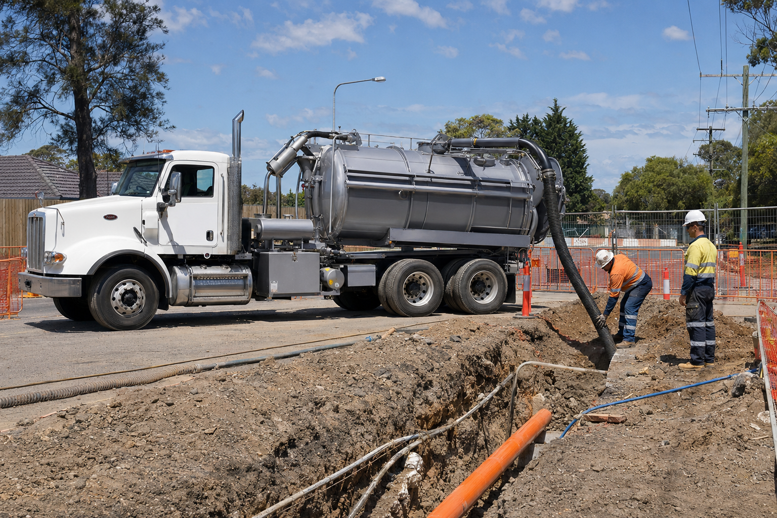 Roadwork scene with a white dump truck, orange cones, and two workers digging beside a road