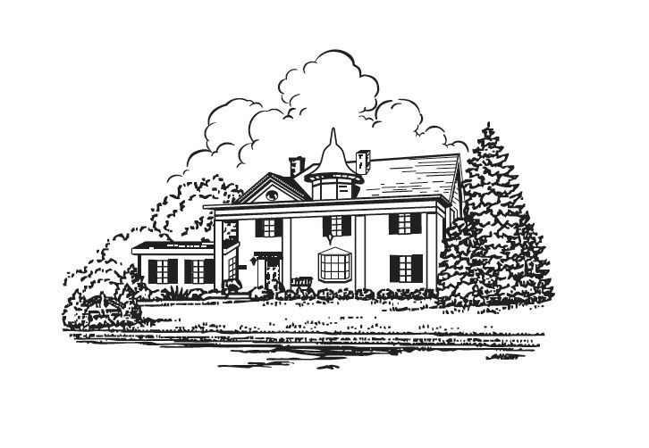 A black-and-white line drawing of a two-story house with a porch and a large evergreen tree to its right.