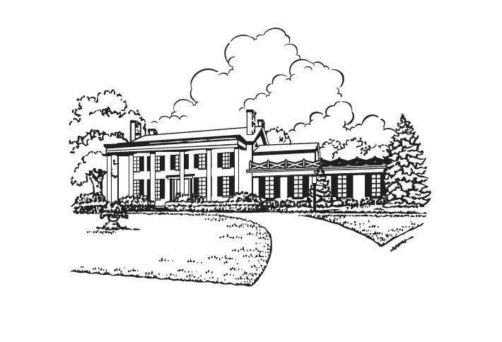 A black-and-white line drawing of a traditional mansion with a columned front portico, a side wing, and landscaping.