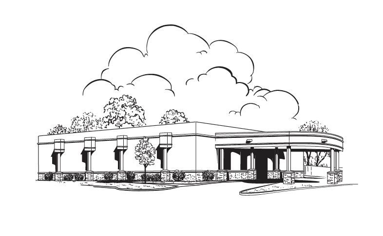 A line drawing of a modern single-story commercial building with a curved front entrance and surrounding trees.