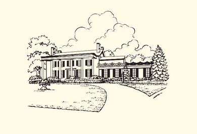 A black and white line drawing of a historic, two-story Southern-style mansion with tall columns and a winding driveway.