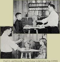 A man sculpts busts of two children in a home studio setting, shown in two separate black-and-white photos from 1958.