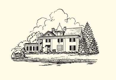 A black-and-white line drawing of a two-story colonial-style house with a small tower and large pine tree in front.