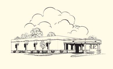 A line-art sketch of a single-story, flat-roofed commercial building with a circular covered entrance and surrounding trees.