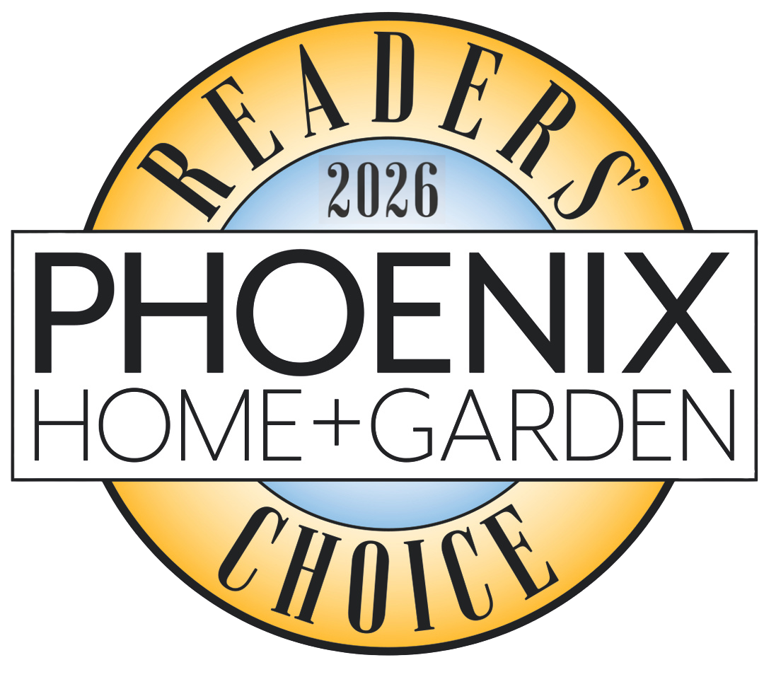 Reader's Choice award logo: Phoenix Home+Garden, gold circle, white bar with