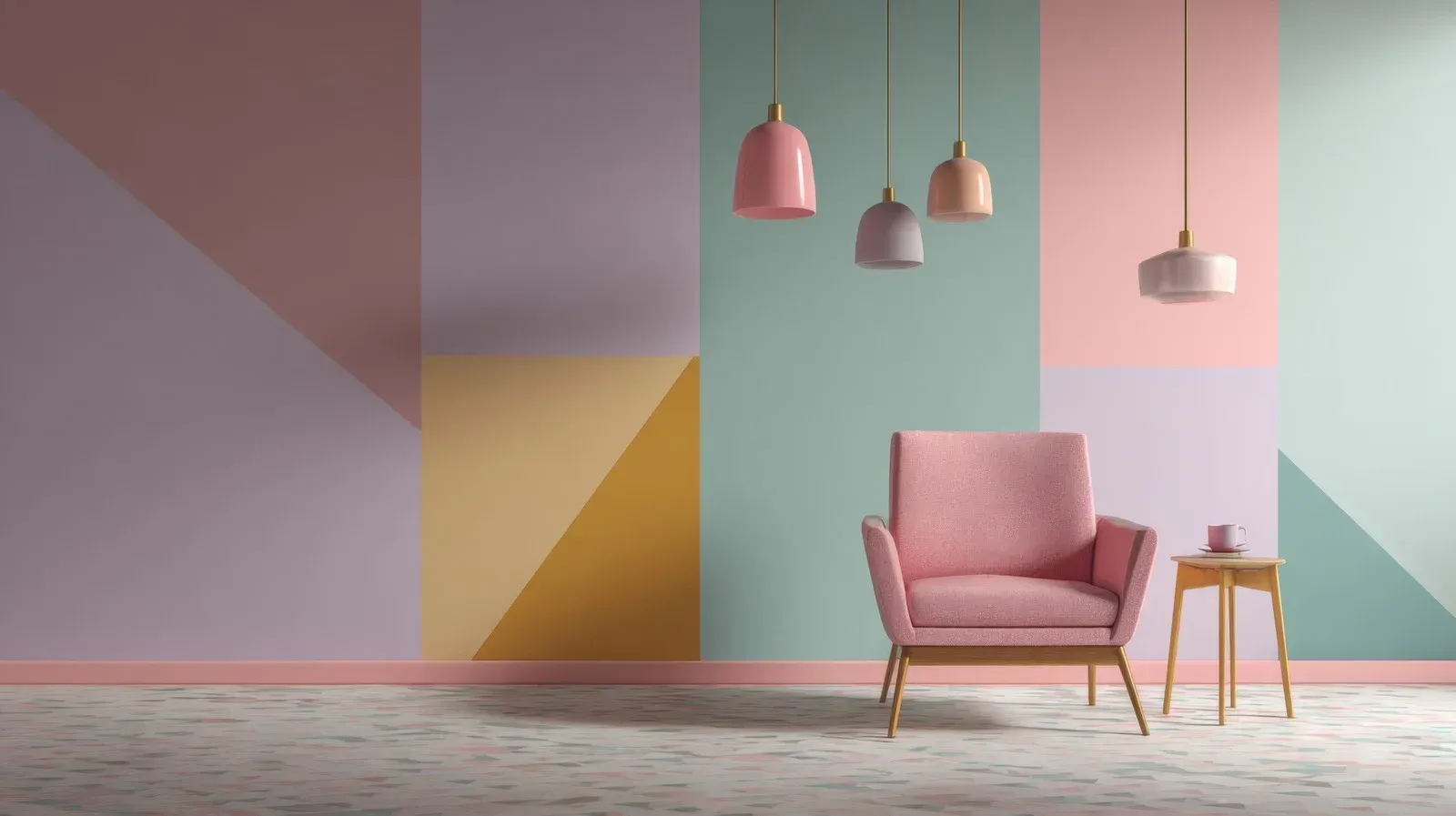Pastel room with a pink armchair, side table, and pendant lights against a geometric wall.