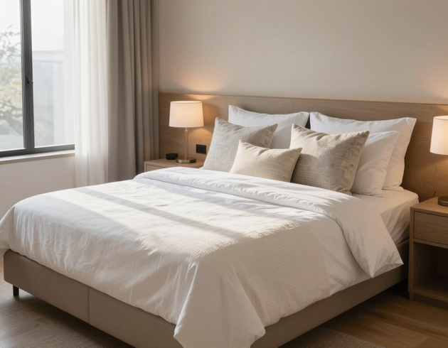 Bright bedroom with a neatly made bed, white bedding, bedside lamps, and a window with curtains