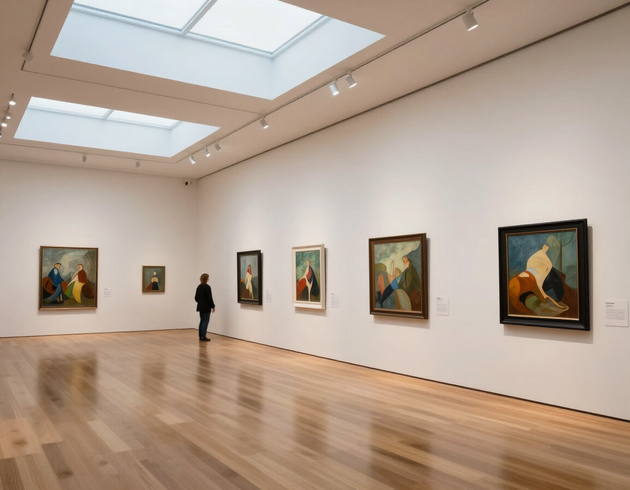 Art gallery interior with large framed paintings on white walls and a lone visitor standing on a wooden floor.