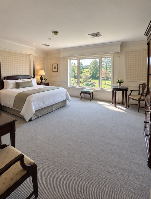 Spacious beige bedroom with a large bed and bright windows overlooking greenery