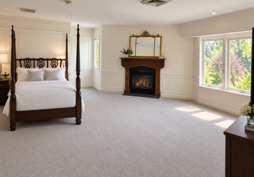 Spacious bedroom with a four-poster bed, fireplace, and large bright windows