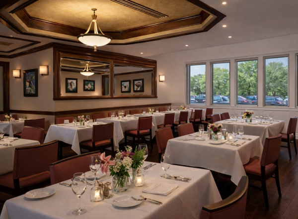 Elegant restaurant dining room with white tablecloths, brown chairs, and large windows overlooking trees
