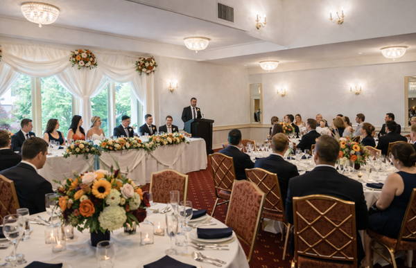 Formal banquet with guests seated at round tables, a speaker at the front, and floral centerpieces in a bright hall