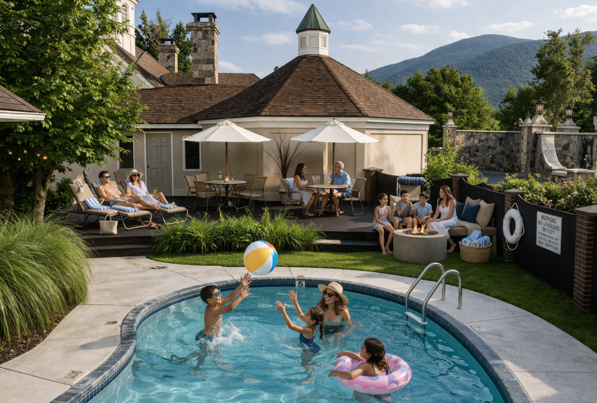 Poolside patio with people relaxing and children playing in a small swimming pool by a lodge.