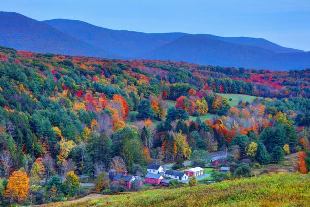 Autumn forested hills with colorful foliage and a small village under a blue sky