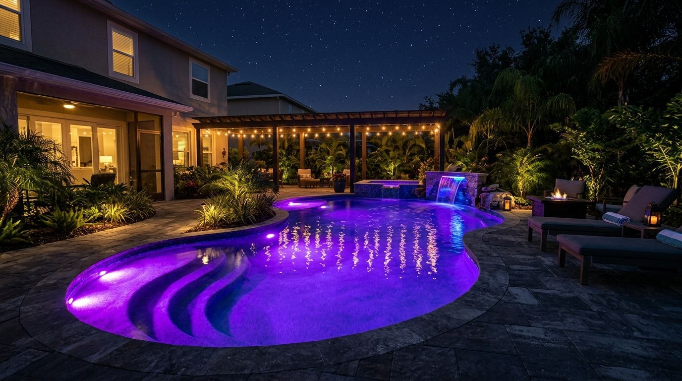 A backyard pool at night glowing with purple lights, featuring a stone patio, lounge chairs, and a lighted pergola.
