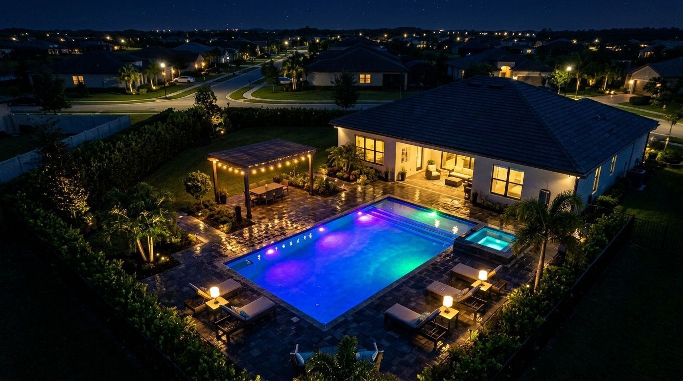 An aerial night view of a house backyard featuring a glowing blue pool, a lit pergola, and lounge chairs on a patio.