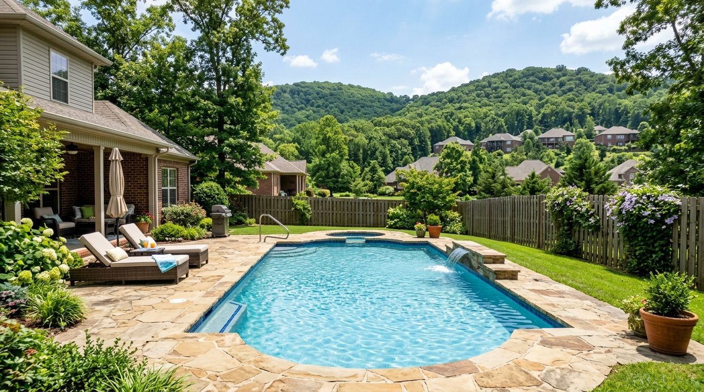 Backyard pool with stone patio, lounge chairs, and mountain view beside a house
