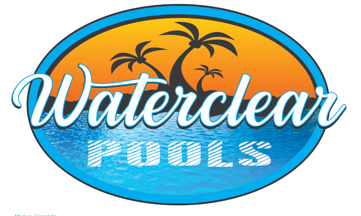Logo for Waterclear Pools featuring white text on an oval background of a sunset over blue water with palm trees.