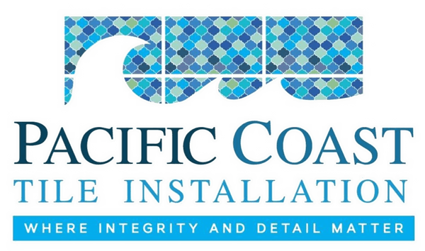 Pacific Coast Tile Installation logo with blue mosaic tiles and tagline &ldquo;Where integrity and detail matter&rdquo;