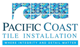 Pacific Coast Tile Installation logo with blue mosaic tiles and tagline “Where integrity and detail matter”