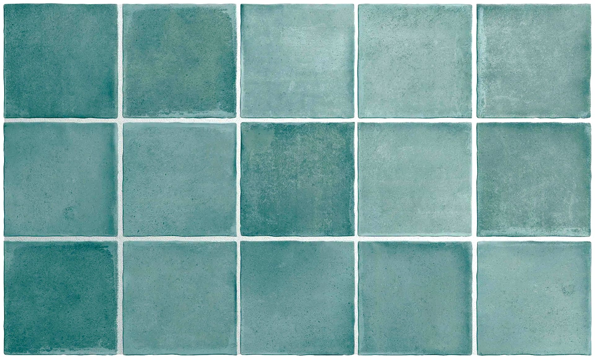 Teal ceramic tile wall with white grout lines in a grid pattern