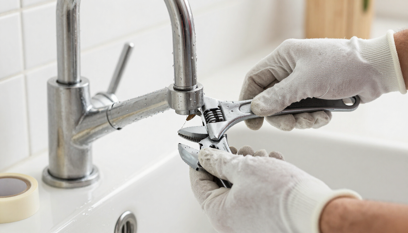 Gloved hands using a wrench to repair a kitchen faucet at a sink