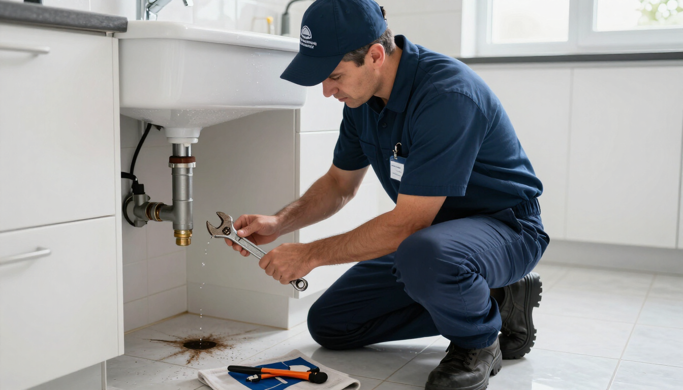Plumber repairing a leaky sink pipe under a white bathroom cabinet, tools on the floor