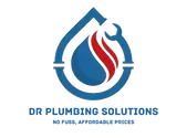 DR Plumbing Solutions logo with blue house and red water droplet/flame icon, tagline “No Fuss, Affordable!”
