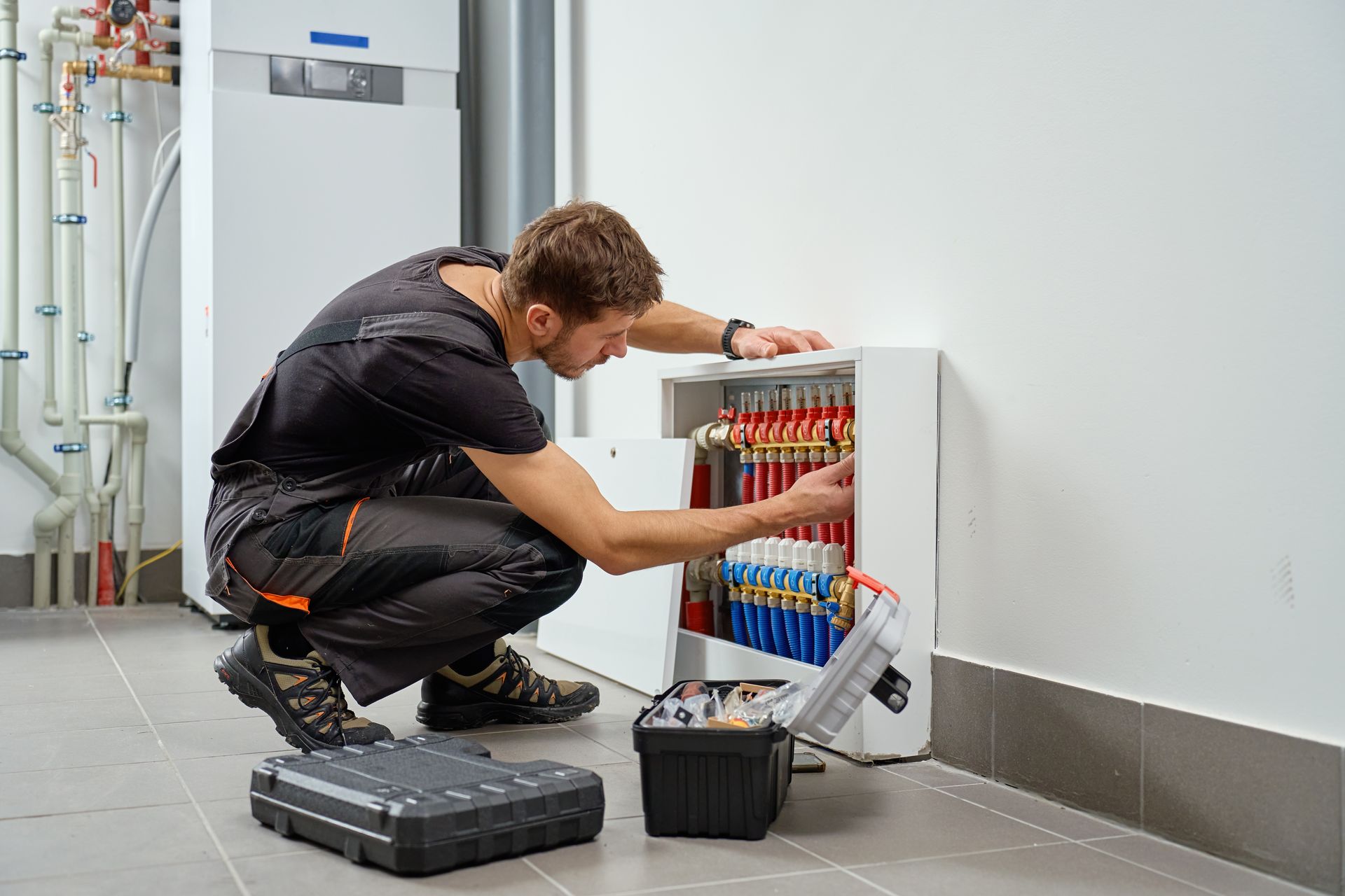 Plumber inspecting pipes in white cabinet, crouching with tools.