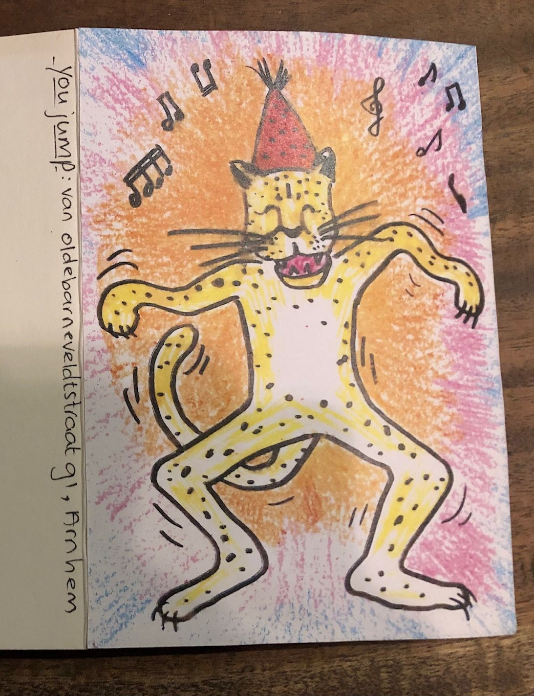 Uitnodiging kinderfeestje (de opdracht was een dansende jaguar met feesthoed)