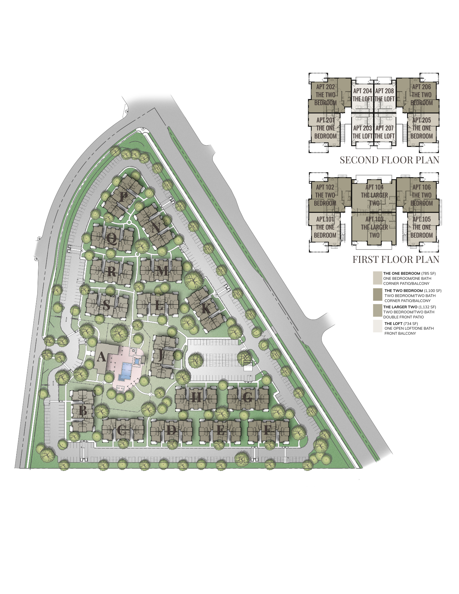 A drawing of a residential area with lots of buildings and trees