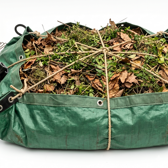 Green garden bag overflowing with dried leaves, twigs, and grass clippings on a white background