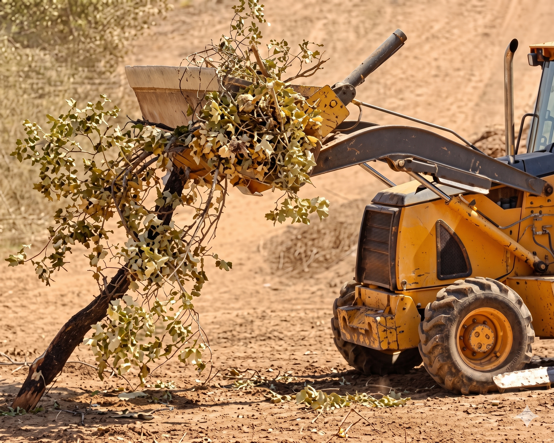 Yellow excavator uprooting a small tree in a dusty field