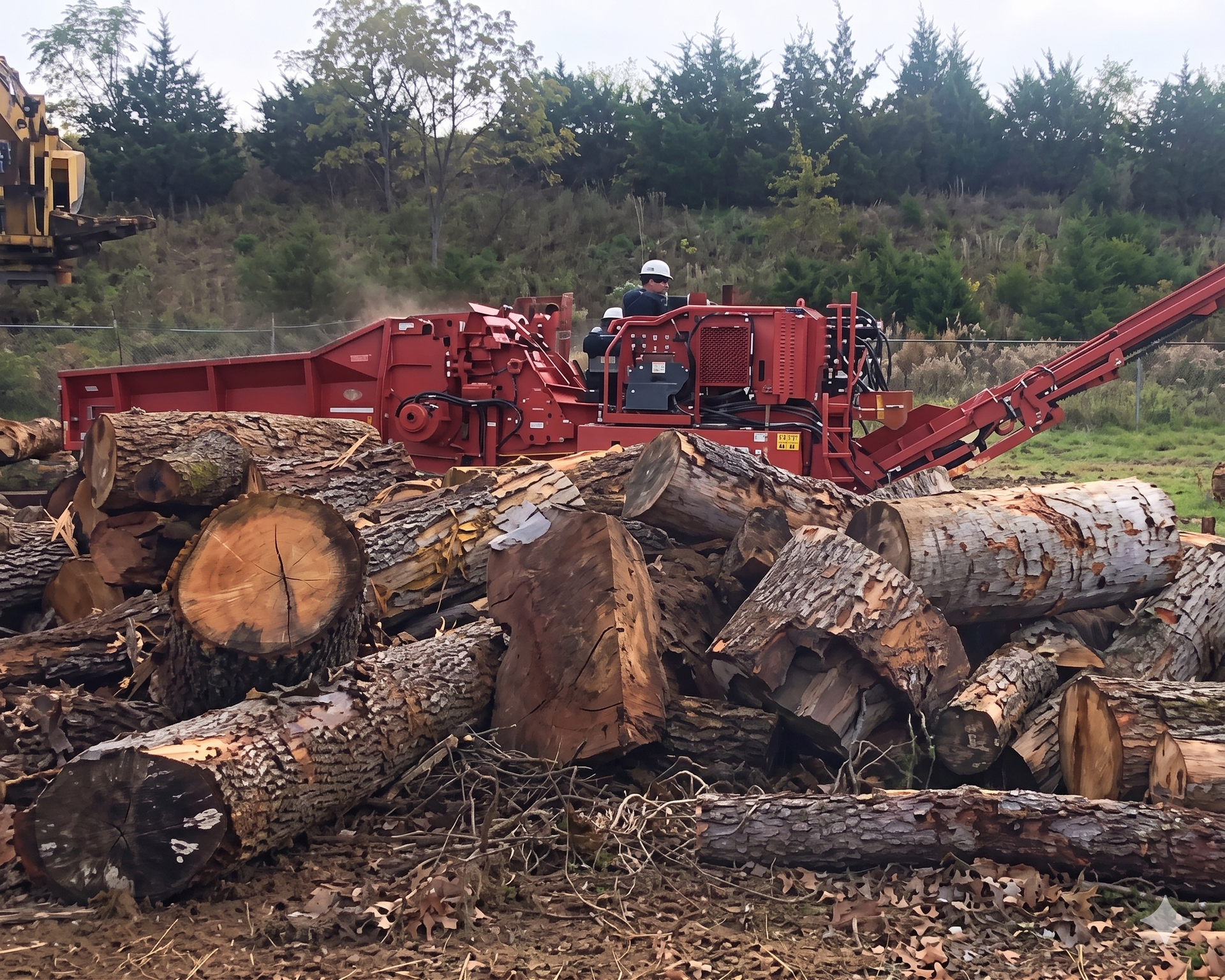Red logging machine among large cut tree logs in a forest clearing