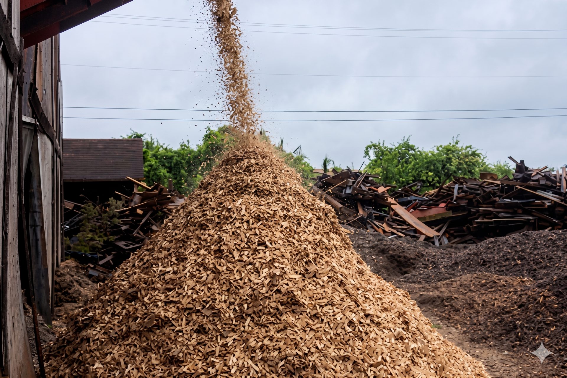Pile of tan wood chips in a yard with a stream of chips falling from above, under an overcast sky