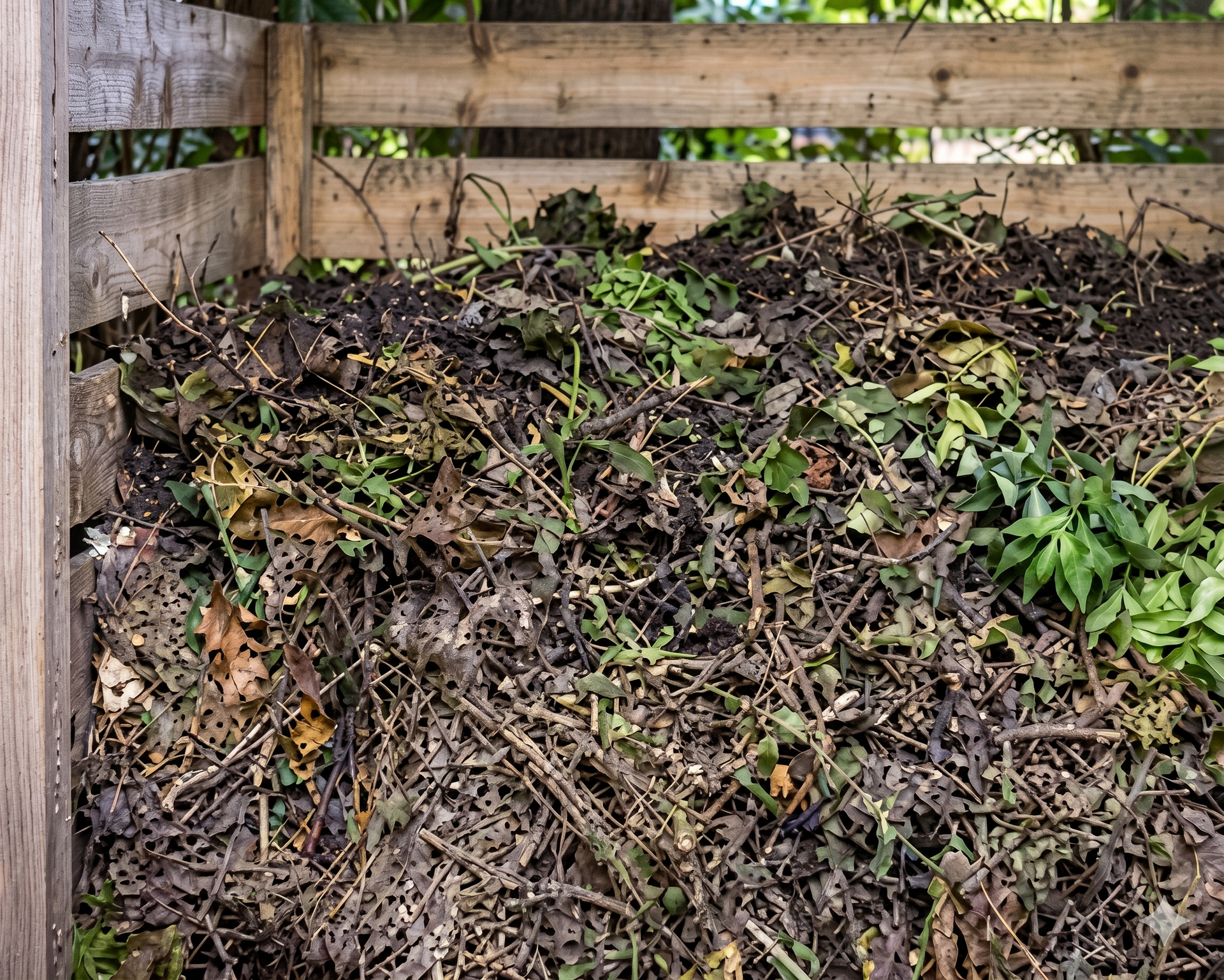 Compost pile of leaves and yard waste in a wooden bin