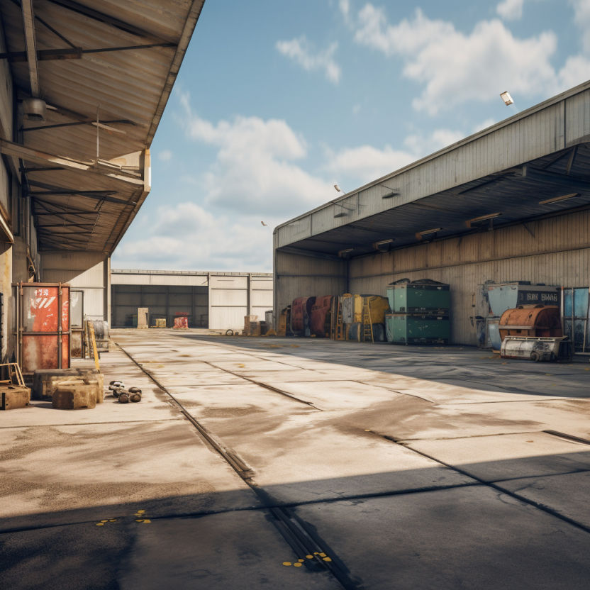 Empty industrial warehouse yard with concrete pavement, metal sheds, and stacked pallets under a partly cloudy sky