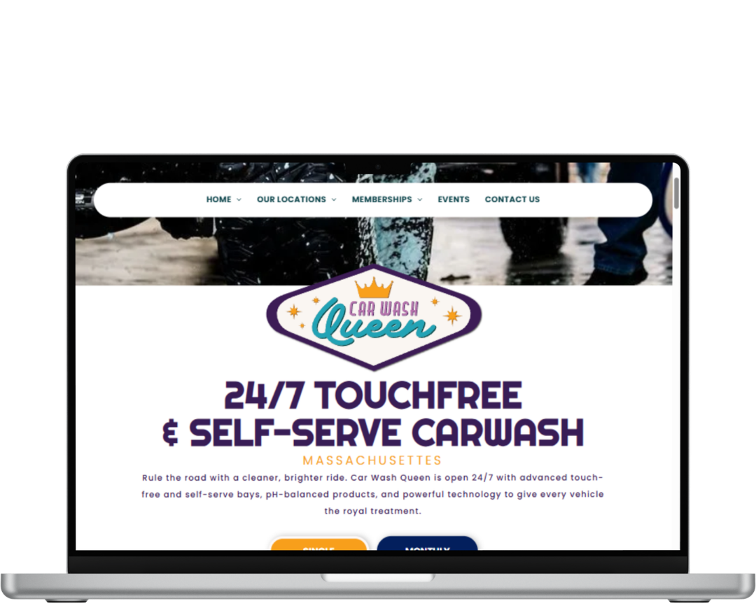 VISIT WEBSITE Laptop showing a car wash website with “24/7 Touchfree Self-Serve Carwash” headline and navigation menu