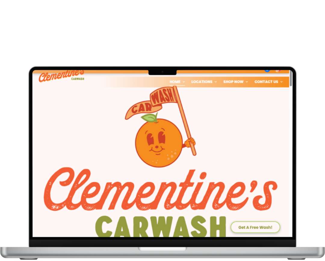 VISIT WEBSITE Clementine’s Car Wash website homepage with orange logo and a cartoon clementine holding a brush