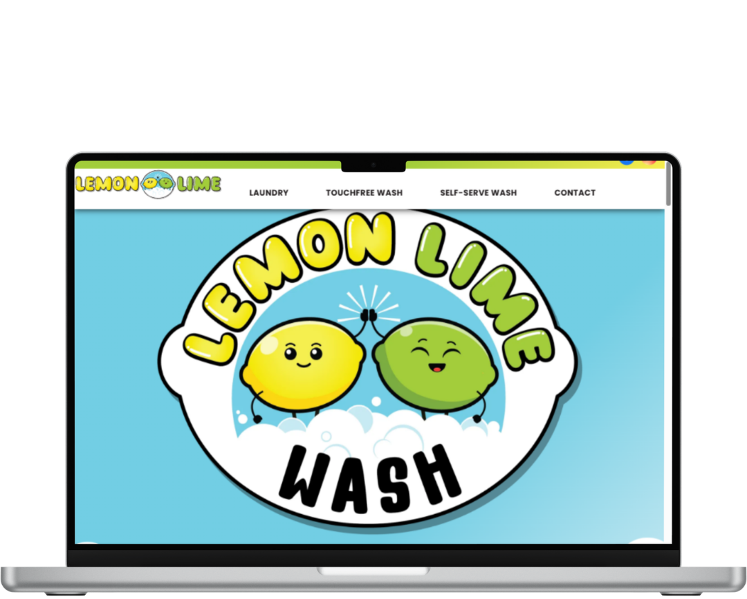 VISIT WEBSITE Laptop screen showing Lemon Lime Wash logo with smiling lemon and lime on a blue background