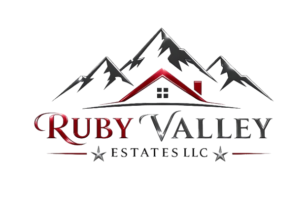 Ruby Valley Estates LLC logo with mountains, a red-roof cabin, and gray text