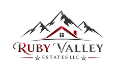 Ruby Valley Estates LLC logo with mountains, a red-roof cabin, and gray text