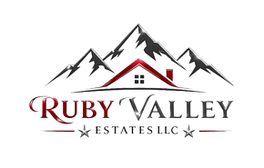 Ruby Valley Estates LLC logo with mountains, a red-roof cabin, and gray text