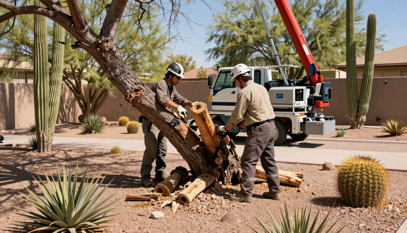 Workers trimming a large tree in a desert yard with a crane and wood chips on the ground
