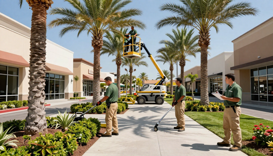 Workers installing a light fixture in a landscaped outdoor shopping center courtyard with palm trees